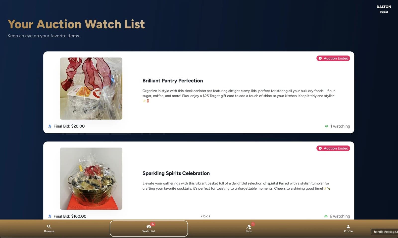 An auction watch list showing final bids and how many guests watched each lot