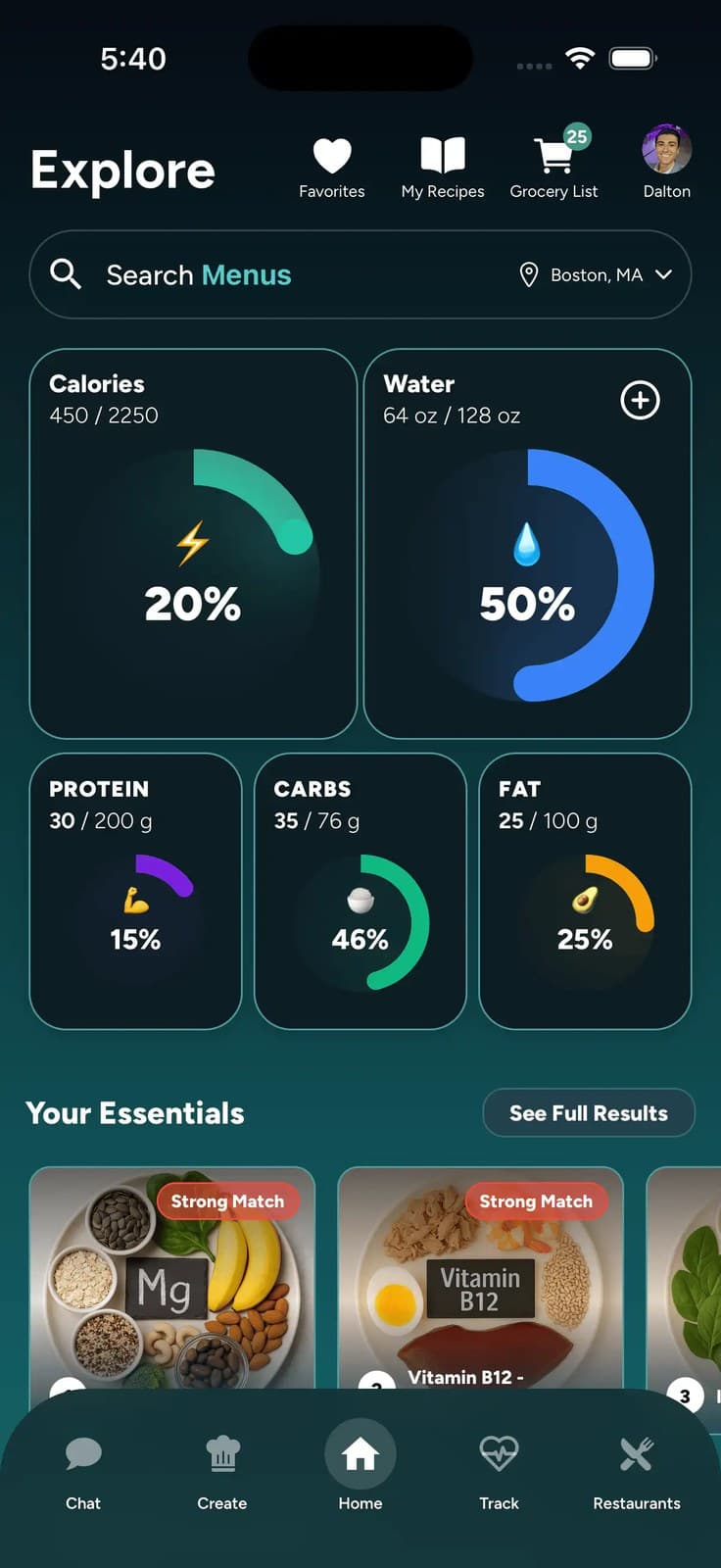 Chefari’s Explore screen with calorie, water and macro rings