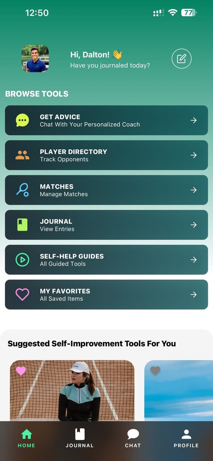 The Tennis IQ home screen with coaching, player directory, matches, journal and guides