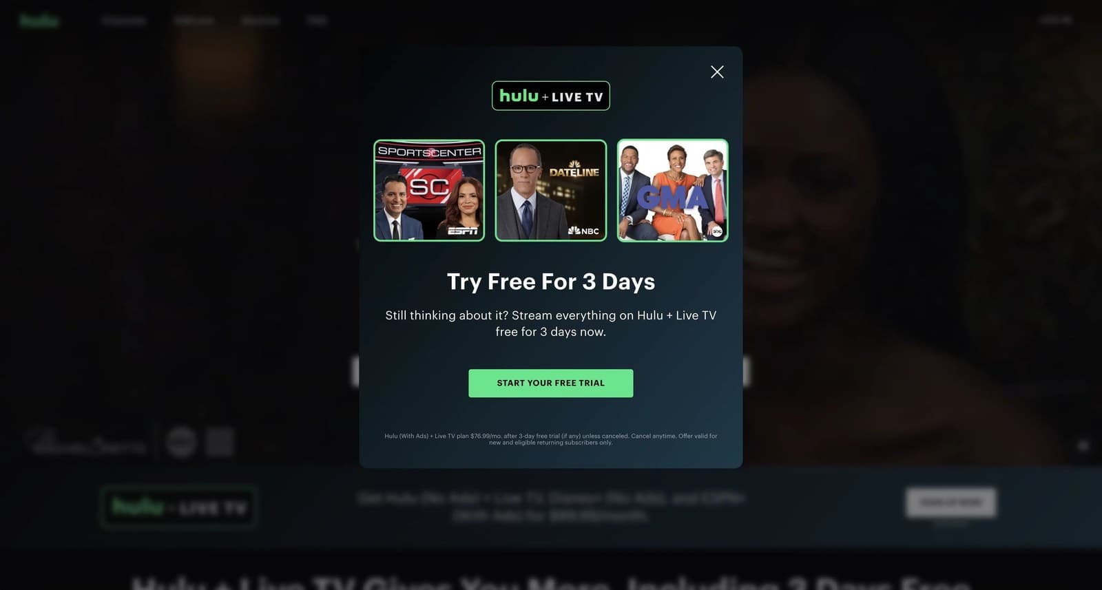 The exit-intent modal on hulu.com offering three free days of Hulu + Live TV